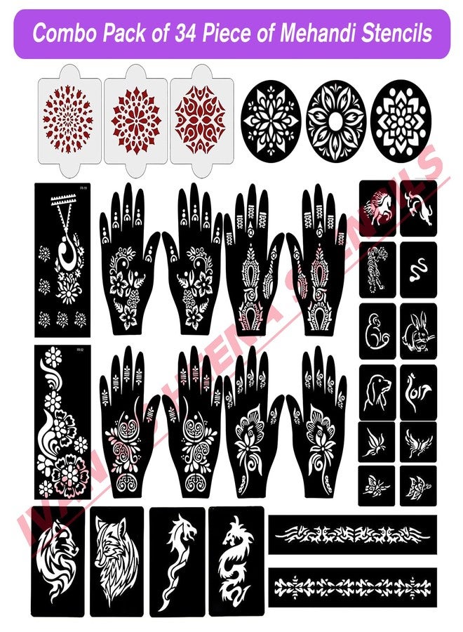 إيفاناز مجموعة إيفانا المكونة من 34 قطعة من قوالب الحناء القابلة لإعادة الاستخدام لليدين والمعصم والجسم والظهر والرقبة والوجه، عبوة كومبو من القوالب للنساء والفتيات والأطفال، سهلة الاستخدام في 4 خطوات فقط، مجموعة تصميم هندي، A2272 - Image 2