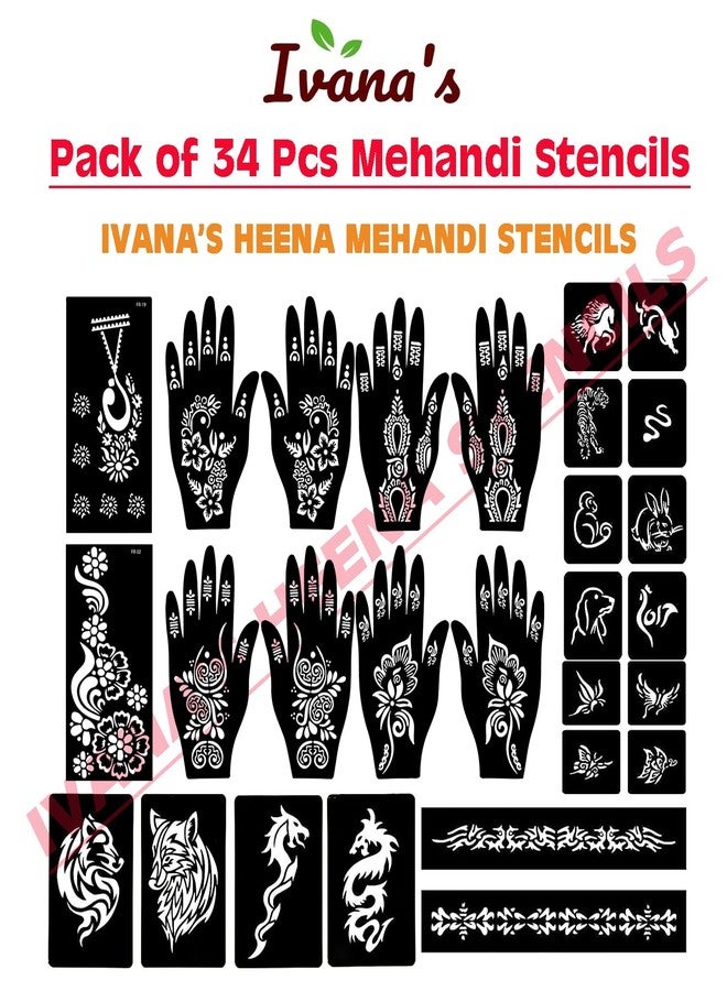إيفاناز مجموعة إيفانا المكونة من 34 قطعة من قوالب الحناء القابلة لإعادة الاستخدام لليدين والمعصم والجسم والظهر والرقبة والوجه، عبوة كومبو من القوالب للنساء والفتيات والأطفال، سهلة الاستخدام في 4 خطوات فقط، مجموعة تصميم هندي، A2272 - Image 3