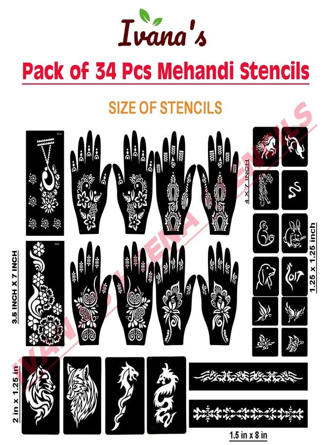 إيفاناز مجموعة إيفانا المكونة من 34 قطعة من قوالب الحناء القابلة لإعادة الاستخدام لليدين والمعصم والجسم والظهر والرقبة والوجه، عبوة كومبو من القوالب للنساء والفتيات والأطفال، سهلة الاستخدام في 4 خطوات فقط، مجموعة تصميم هندي، A2272 - Image 4