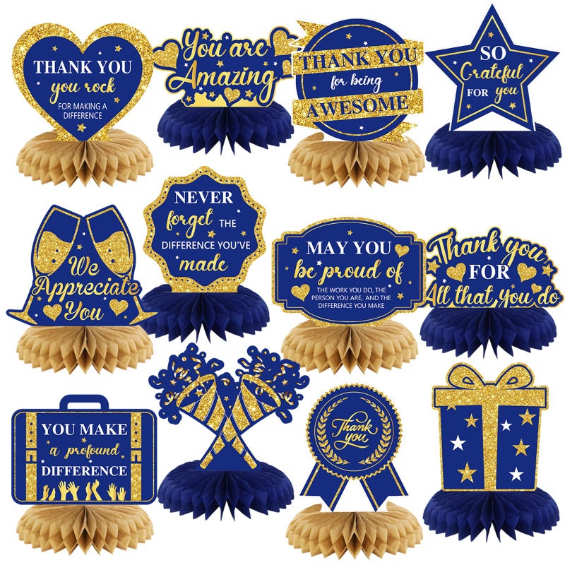 Moinchore 12 Pcs Thank You Decorations Honeycomb Centerpiece Employee Appreciation Decor We Appreciate You Table Decorations Thank Table Topper for Doctor Employee Party SuppliesGold and Blue - Image 3
