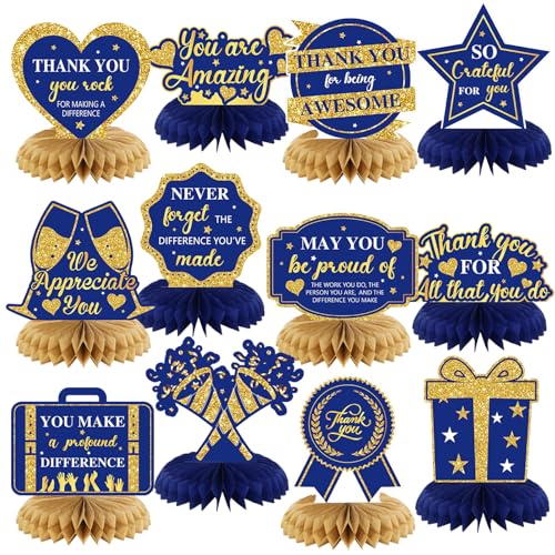 Moinchore 12 Pcs Thank You Decorations Honeycomb Centerpiece Employee Appreciation Decor We Appreciate You Table Decorations Thank Table Topper for Doctor Employee Party SuppliesGold and Blue - Image 1