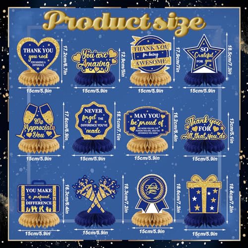 Moinchore 12 Pcs Thank You Decorations Honeycomb Centerpiece Employee Appreciation Decor We Appreciate You Table Decorations Thank Table Topper for Doctor Employee Party SuppliesGold and Blue - Image 5