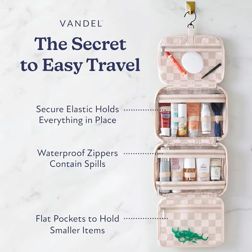 VANDEL Waterproof Hanging Toiletry Bag [TSA-Approved] Hanging Makeup Organizer Bag, Cosmetic Travel Bags for Women, Makeup Case Toiletries Organizer Hygiene Bathroom Shower Caddy - Neutral Checker - Image 2