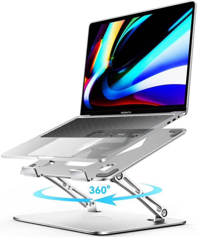 ivoler Adjustable Laptop Stand with 360 Rotating Base Ergonomic Laptop Stand for Desk Foldable Portable Laptop Riser for Collaborative Work Fit MacBook Laptops up to 16 inches Silver - Image 1