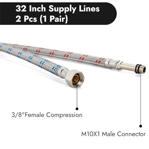 Midanya 32-Inch Long Faucet Connector, Braided Stainless Steel Supply Hose 3/8-Inch Female Compression Thread x M10 Male Connector, x 2 Pcs (1 Pair) - Image 2