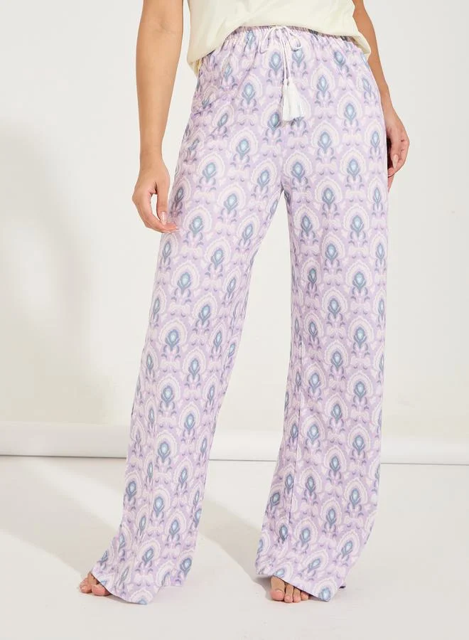 Styli Turnback Sleeve T-Shirt & Tassle Waist Wide Leg Pyjama Set