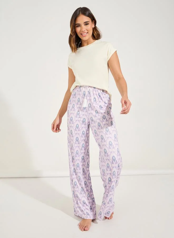 Styli Turnback Sleeve T-Shirt & Tassle Waist Wide Leg Pyjama Set