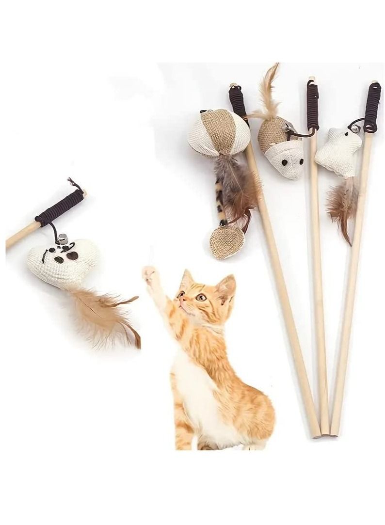 4 قطع من عصا اللعب والريشة المحفزة للقطط، عصا تحفيزية تفاعلية للقطط، ألعاب ممتعة للقطط، مستلزمات الحيوانات الأليفة، العب مع القط - Image 1