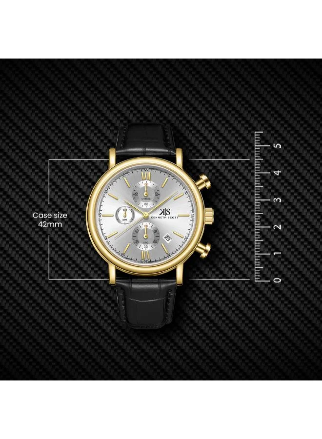 Kenneth Scott  Men's Genuine Leather  Chrono & Multi Function Watch K23151-GLBW - 43 mm for Men | Best Price UAE