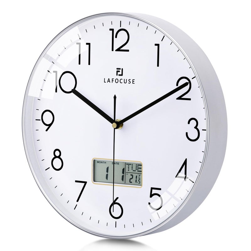 Lafocuse 12 Inch Silent Modern Silver Wall Clocks with Date and Day Analog Battery Operated Digital Wall Clock for Living Room Decor Decorative Kitchen Wall Clock for Bedroom Home Office