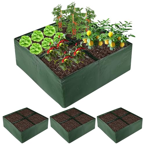BIJOKETTEN 3 Pack Plastic Raised Garden Bed, 4 Grids Square Grow Bags PE Vegetable Planter Bags for Vegetables Durable Planter Box with Drainage Hole Rectangle Container Gardening for Herbs, Flowers - Image 1