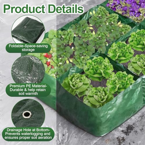 BIJOKETTEN 3 Pack Plastic Raised Garden Bed, 4 Grids Square Grow Bags PE Vegetable Planter Bags for Vegetables Durable Planter Box with Drainage Hole Rectangle Container Gardening for Herbs, Flowers - Image 3