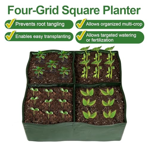 BIJOKETTEN 3 Pack Plastic Raised Garden Bed, 4 Grids Square Grow Bags PE Vegetable Planter Bags for Vegetables Durable Planter Box with Drainage Hole Rectangle Container Gardening for Herbs, Flowers - Image 4