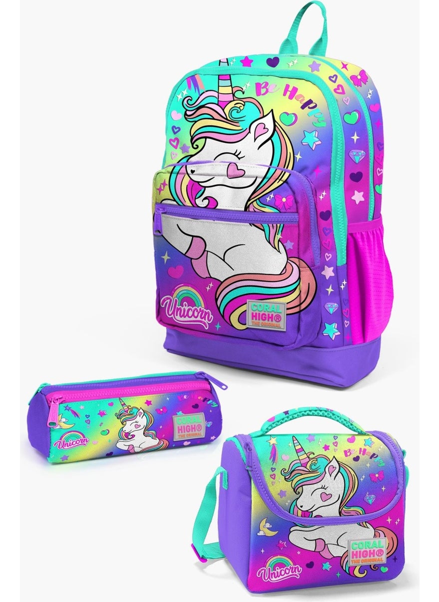CORAL HIGH Kids Lavender Water Green Unicorn Patterned 3-Piece School Bag Set SET0123729  - Image 1