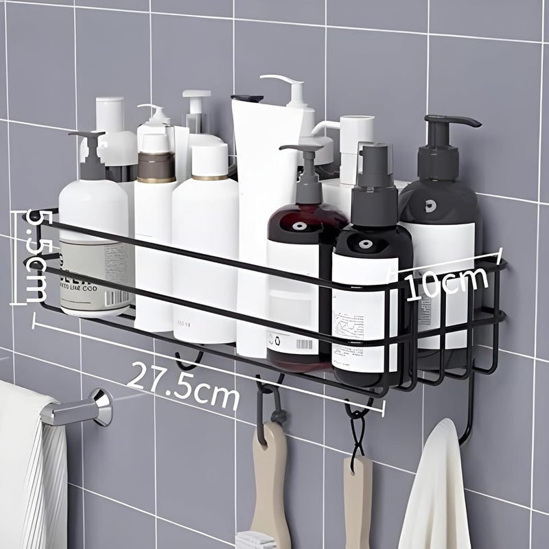 Clay Plus Stainless Steel Bathroom Shelf for Wall, Self Adhesive Bathroom Organiser, 4 Hooks for Towel Holder, Space-Saving Wall Mounted Bathroom Shelf with Elegant Design (Pack of 1, Black) - Image 2