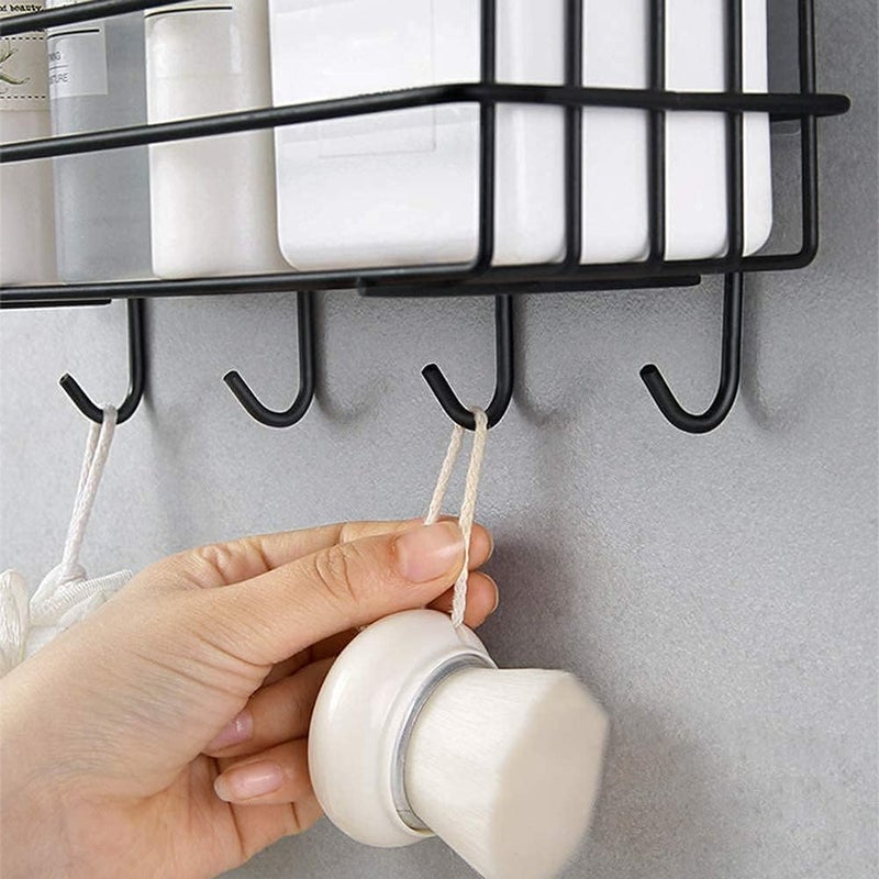 Clay Plus Stainless Steel Bathroom Shelf for Wall, Self Adhesive Bathroom Organiser, 4 Hooks for Towel Holder, Space-Saving Wall Mounted Bathroom Shelf with Elegant Design (Pack of 1, Black) - Image 4