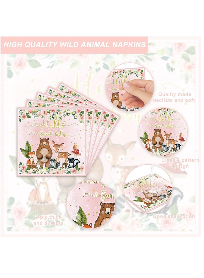 Woodland Themed Baby Shower Supplies for Girls - 120PCS Pink Wild Animal Disposable Tableware Set with Plates, Napkins, Cups, Forks, and Knives for 20 Guests. - Image 3