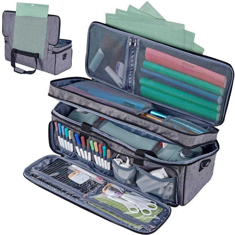 HOMEST Double Layer Carrying Case with Mat Pocket for Cricut Maker 3 Explore 3 Multi Front Pockets for Accessories and Supplies Grey