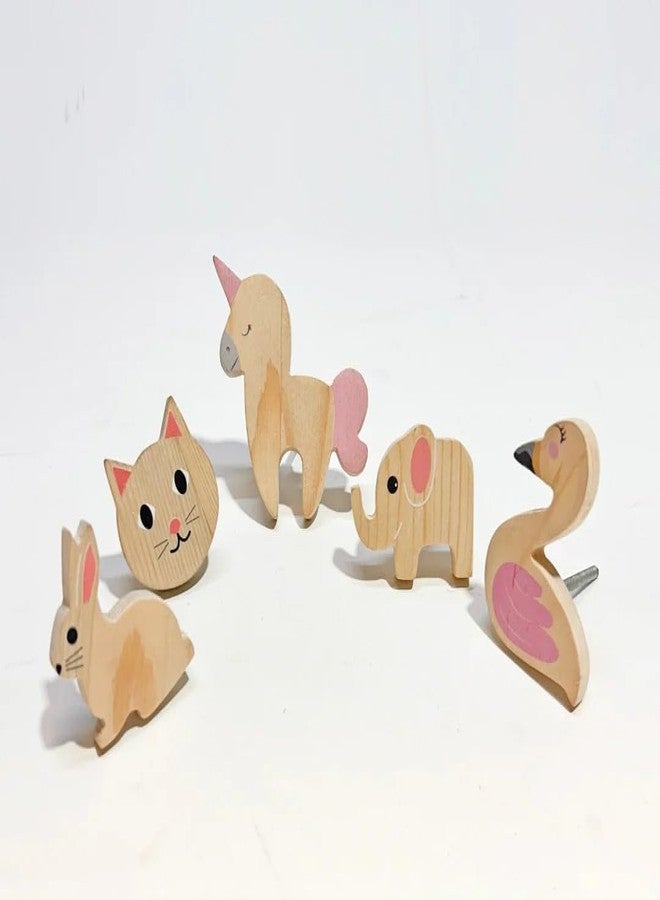 Look Mumma Pack of 5 Adorable Wooden Knobs (Rabbit, Cat, Unicorn, Elephant, Flamingo) - Image 1