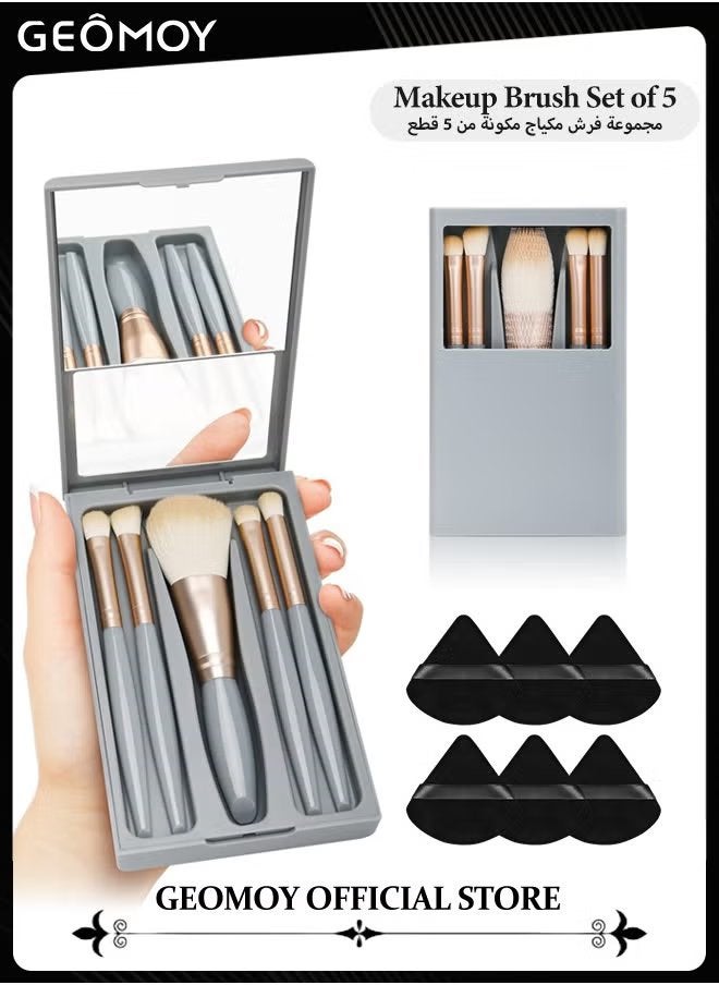 Geomoy Travel Size 5pcs Makeup Brushes Set Easy-Taken Mini Makeup Brush Set with Case & Mirror Small Complete Function Cosmetic Brushes Kit With 6pcs Triangle Powder Puff - Image 1