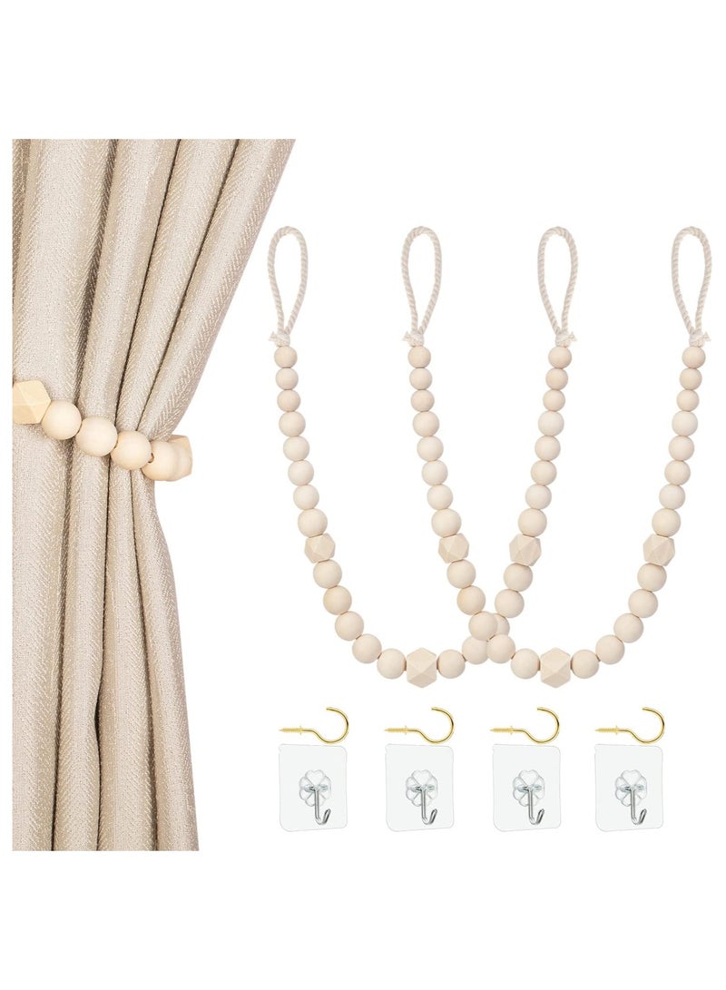 PYC Wood Bead Curtain Tiebacks, Set of 2 Curtain Holdbacks for Thin or Thick Window Draperies, Boho Farmhouse Curtain Tiebacks with Hooks, Curtain Tie Backs for Home Office Room Decor  - Image 1