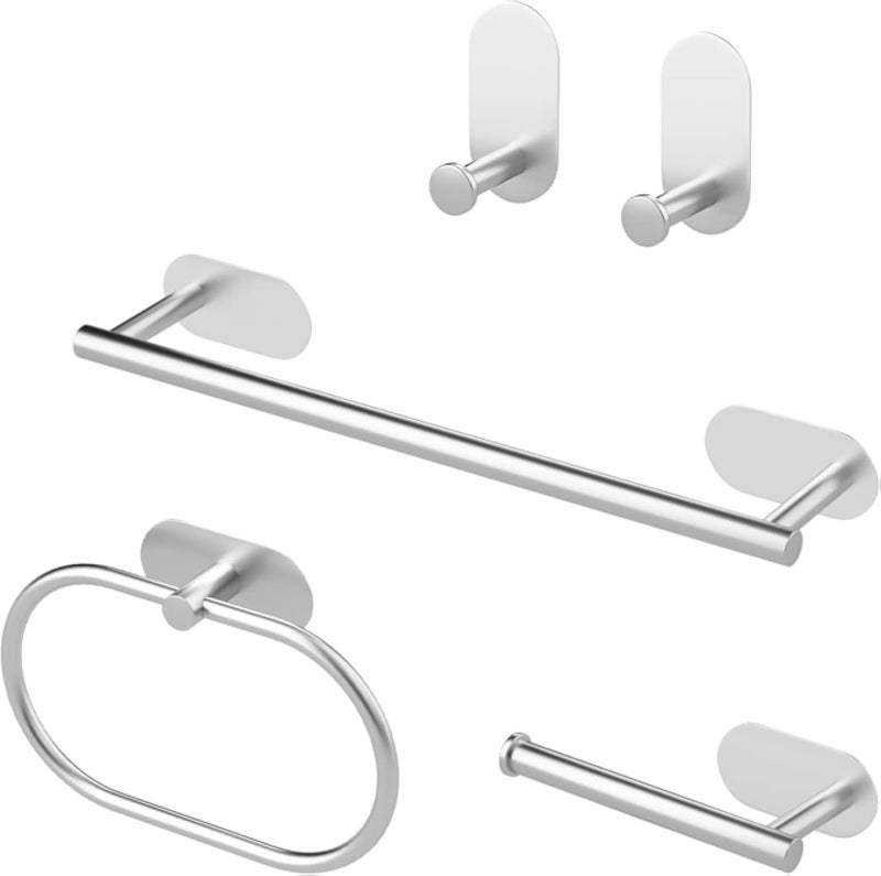 حامل مناشف فضي اللون، يُثبت على الحائط، حامل لفافة ورق التواليت، حامل مناشف يدوي للحمامات والمطابخ، رف مناشف من الفولاذ المقاوم للصدأ، خطافات ذاتية اللصق - طقم ملحقات حمام مكون من 5 قطع، لا يحتاج إلى حفر