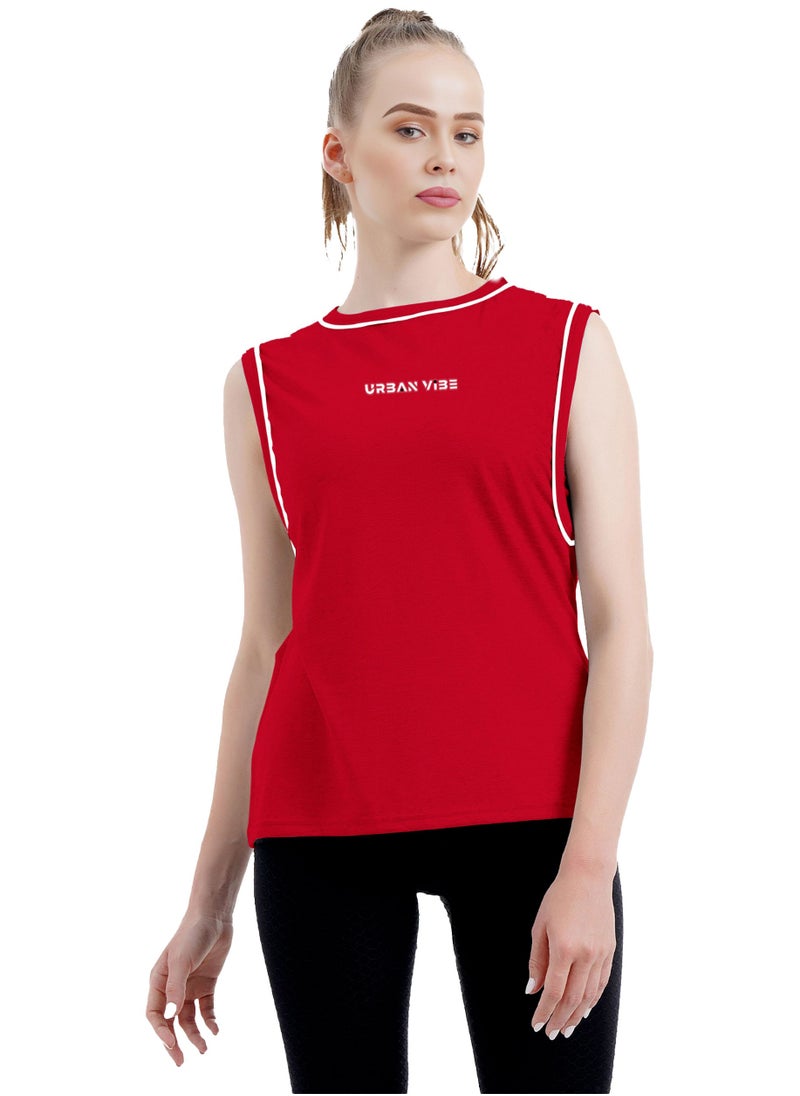 Selecta Now - Ladies Sleeveless Cotton T-Shirt Red Breathable Contrast Piping Tank Top Soft Stretchable Women’s T Shirt - Image 1