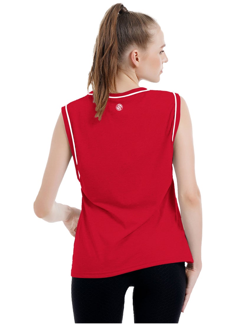 Selecta Now - Ladies Sleeveless Cotton T-Shirt Red Breathable Contrast Piping Tank Top Soft Stretchable Women’s T Shirt - Image 1