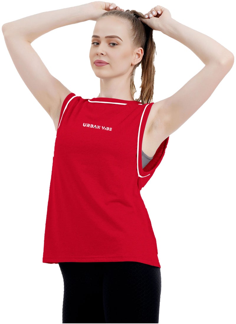 Selecta Now - Ladies Sleeveless Cotton T-Shirt Red Breathable Contrast Piping Tank Top Soft Stretchable Women’s T Shirt - Image 1