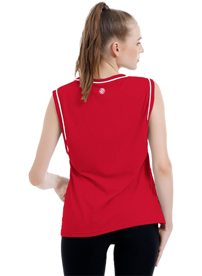 Selecta Now Ladies Sleeveless Cotton T-Shirt Red Breathable Contrast Piping Tank Top Soft Stretchable Women’s T Shirt  - Image 3