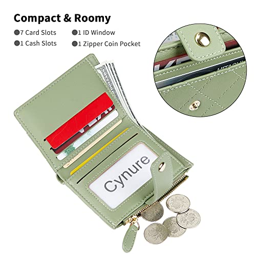 Cynure Women's Cute Leather Card Holder Small Compact Bifold Wallet with Zip Coin Pocket, Green - Image 2