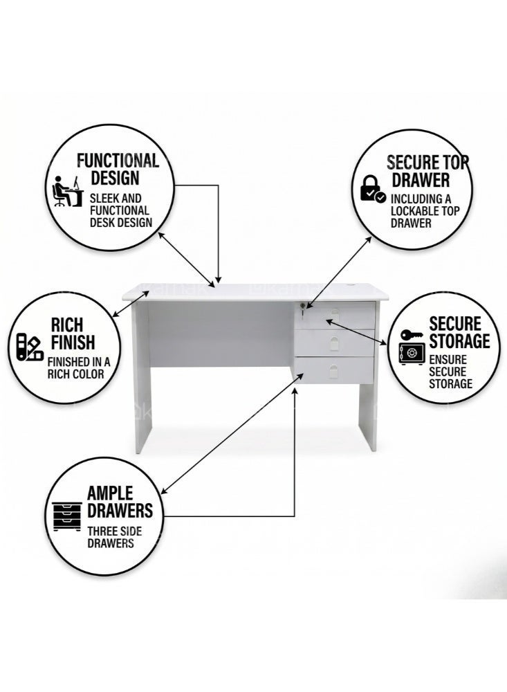 Karnak Fiecke Office desk with Lockable Drawers & Storage | Study Workstation Multifunctional Computer Writing Table for Retail, Hotel, Clinic Workspace Furniture(White) - Image 3