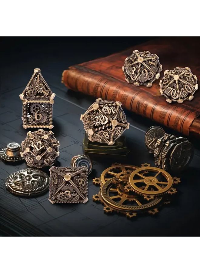Antique Golden Steampunk Gear Metal Hollow Dice Set for RPG DND Role Playing Games - Image 1