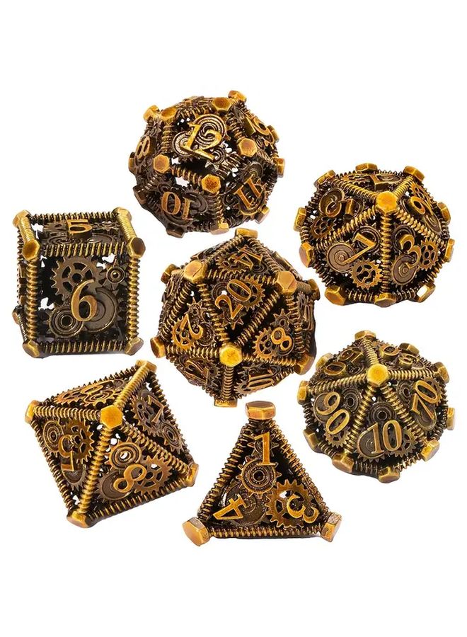 Antique Golden Steampunk Gear Metal Hollow Dice Set for RPG DND Role Playing Games - Image 4