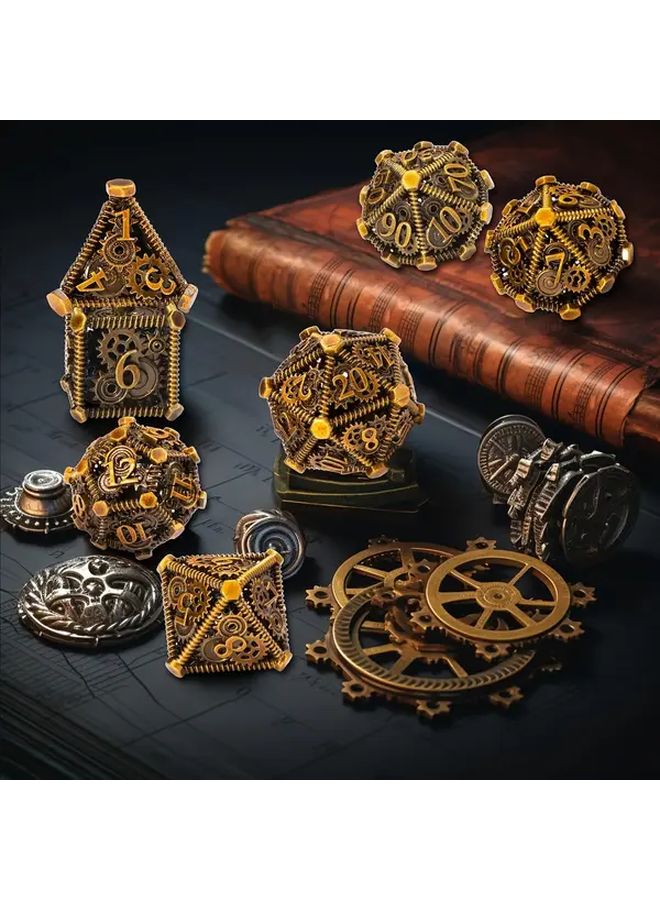 Antique Golden Steampunk Gear Metal Hollow Dice Set for RPG DND Role Playing Games - Image 3