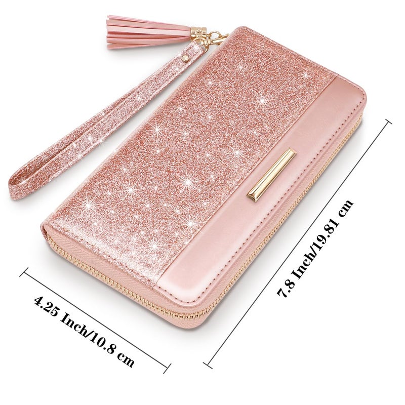 Coco Rossi Wallets for Women Pink Glitter Leather Card Holder Organizer Ladies Clutch with Tassel Wristlet Wrist strap - Image 3