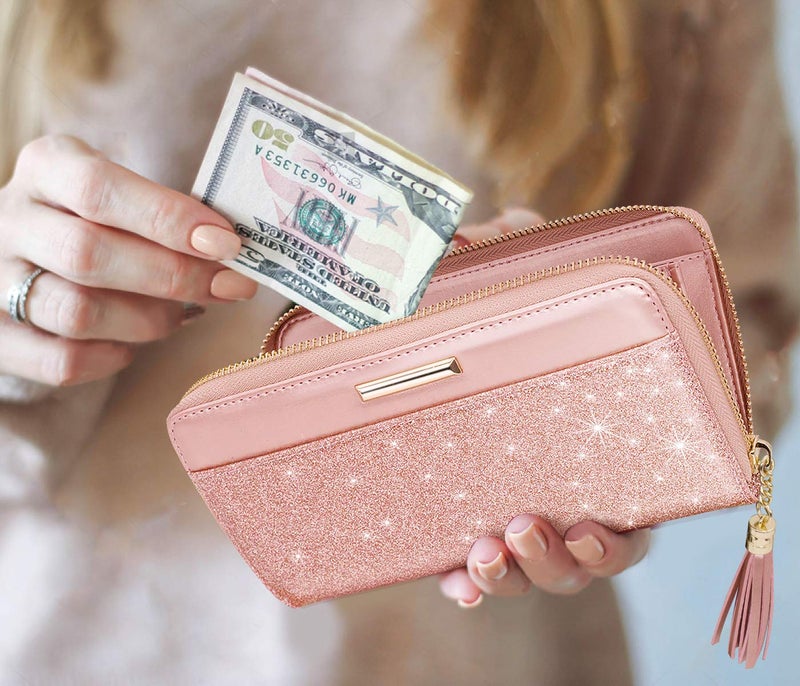 Coco Rossi Wallets for Women Pink Glitter Leather Card Holder Organizer Ladies Clutch with Tassel Wristlet Wrist strap - Image 5