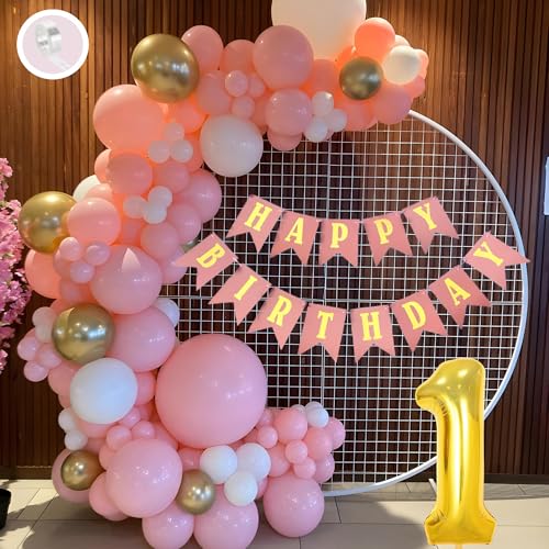 Flyloons 1st Birthday Decoration Items Pink and White Theme Combination for Girls Princes | 30 Pcs Pink White Gold Balloons | Pink Happy Birthday Paper Banner | Arch Tape - Image 1