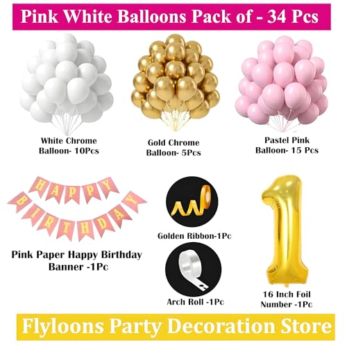Flyloons 1st Birthday Decoration Items Pink and White Theme Combination for Girls Princes | 30 Pcs Pink White Gold Balloons | Pink Happy Birthday Paper Banner | Arch Tape - Image 2