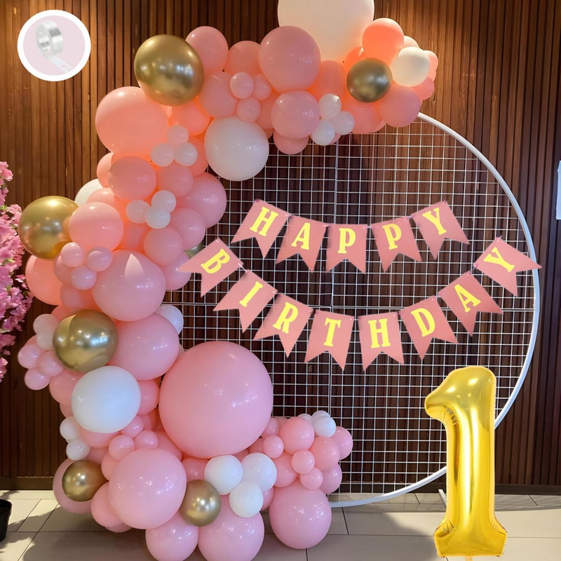 Flyloons 1st Birthday Decoration Items Pink and White Theme Combination for Girls Princes | 30 Pcs Pink White Gold Balloons | Pink Happy Birthday Paper Banner | Arch Tape - Image 3