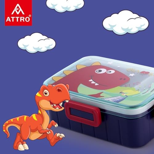 ATTRO Quick 3 Lunch Box Dinosaur Theme with Includes 3 Compartments, 1 Small Container & Baby Spoon, BPA-Free, Food-Grade Perfect for Kids - Dark Blue 1300ml, Plastic - Image 2