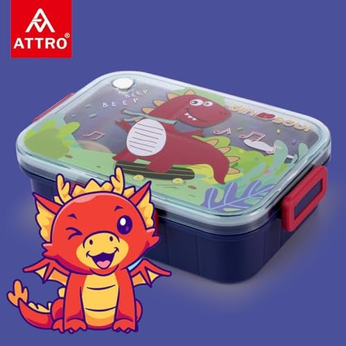 ATTRO Quick 3 Lunch Box Dinosaur Theme with Includes 3 Compartments, 1 Small Container & Baby Spoon, BPA-Free, Food-Grade Perfect for Kids - Dark Blue 1300ml, Plastic - Image 4