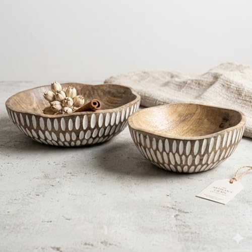 POSHIO® POSHIO Set of 2 Wooden Serving Bowls | Handcrafted Irregular Fruit & Salad Bowls | Food Safe Wood with White Inlay & Natural Engraved Stripes | Decorative Centerpiece (B1-8", B2-10 in, White Striped) - Image 1