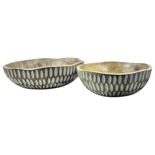 POSHIO® POSHIO Set of 2 Wooden Serving Bowls | Handcrafted Irregular Fruit & Salad Bowls | Food Safe Wood with White Inlay & Natural Engraved Stripes | Decorative Centerpiece (B1-8", B2-10 in, White Striped) - Image 5