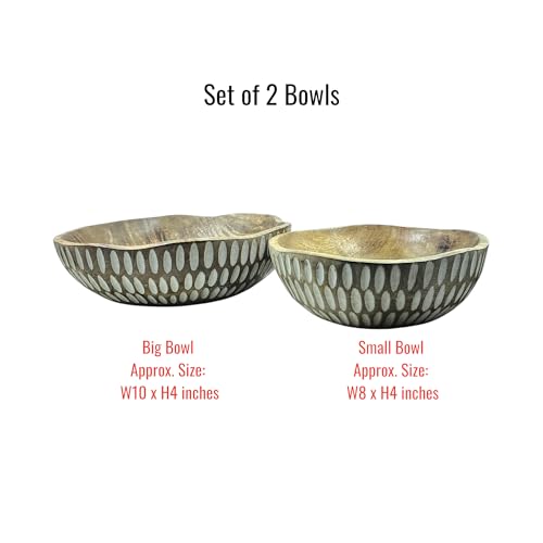 POSHIO® POSHIO Set of 2 Wooden Serving Bowls | Handcrafted Irregular Fruit & Salad Bowls | Food Safe Wood with White Inlay & Natural Engraved Stripes | Decorative Centerpiece (B1-8", B2-10 in, White Striped) - Image 2