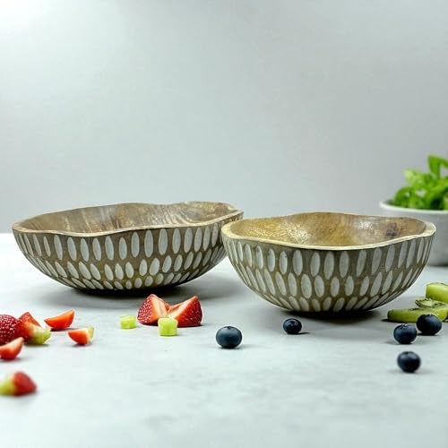 POSHIO® POSHIO Set of 2 Wooden Serving Bowls | Handcrafted Irregular Fruit & Salad Bowls | Food Safe Wood with White Inlay & Natural Engraved Stripes | Decorative Centerpiece (B1-8", B2-10 in, White Striped) - Image 4