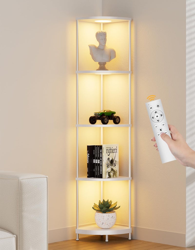 PARTPHONER Corner Shelf with RGBCW LED Light, 64.5â€ Tall Floor Lamp Narrow Bookshelf Organizer, Standing Shelves with Metal Pole, Display Storage Rack for Wall Corner, Living Room, Bedroom, Office DÃ©cor, White - Image 1