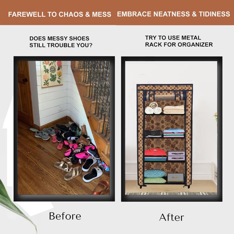 PHILOSHOP 4 Layer 10 Inch Wardrobe Metal Frame Foldable Cloth Organizer Floral Cover Storage Rack Quick Maximize Your Space with Style Multipurpose Use Entryway Closet and Bedroom - Image 3