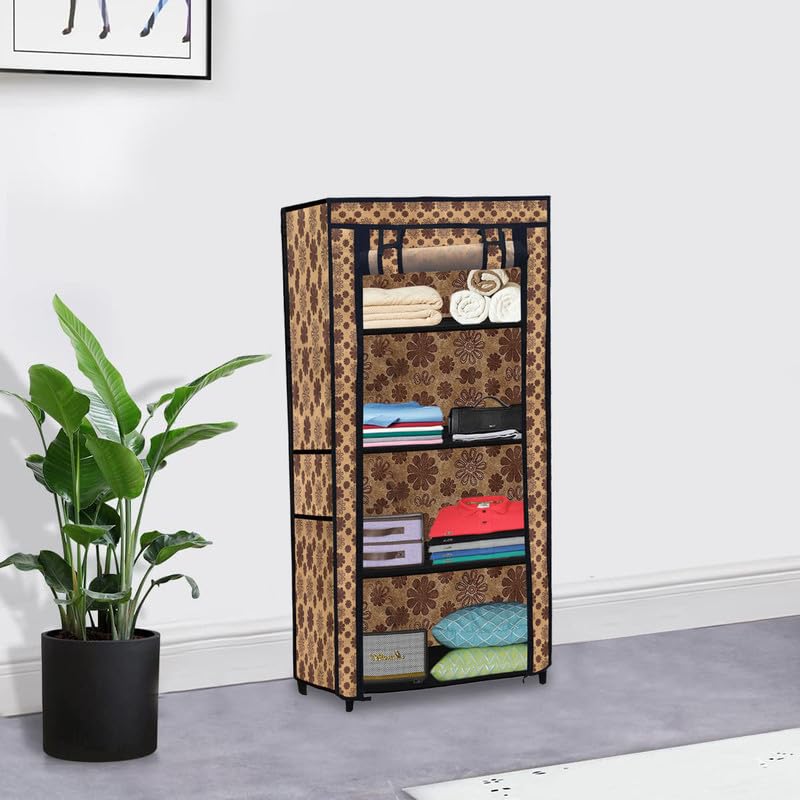 PHILOSHOP 4 Layer 10 Inch Wardrobe Metal Frame Foldable Cloth Organizer Floral Cover Storage Rack Quick Maximize Your Space with Style Multipurpose Use Entryway Closet and Bedroom - Image 1