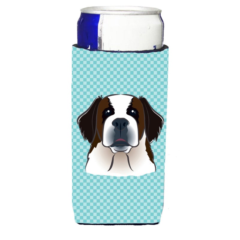 Caroline's Treasures Checkerboard Blue Saint Bernard Ultra Beverage Insulators for slim cans BB1184MUK 